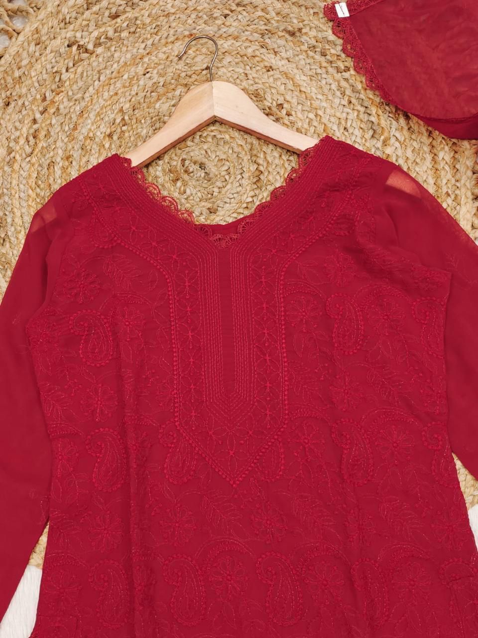 Mesmeric Red Georgette With Chikankari Embroidery work Suit Set
