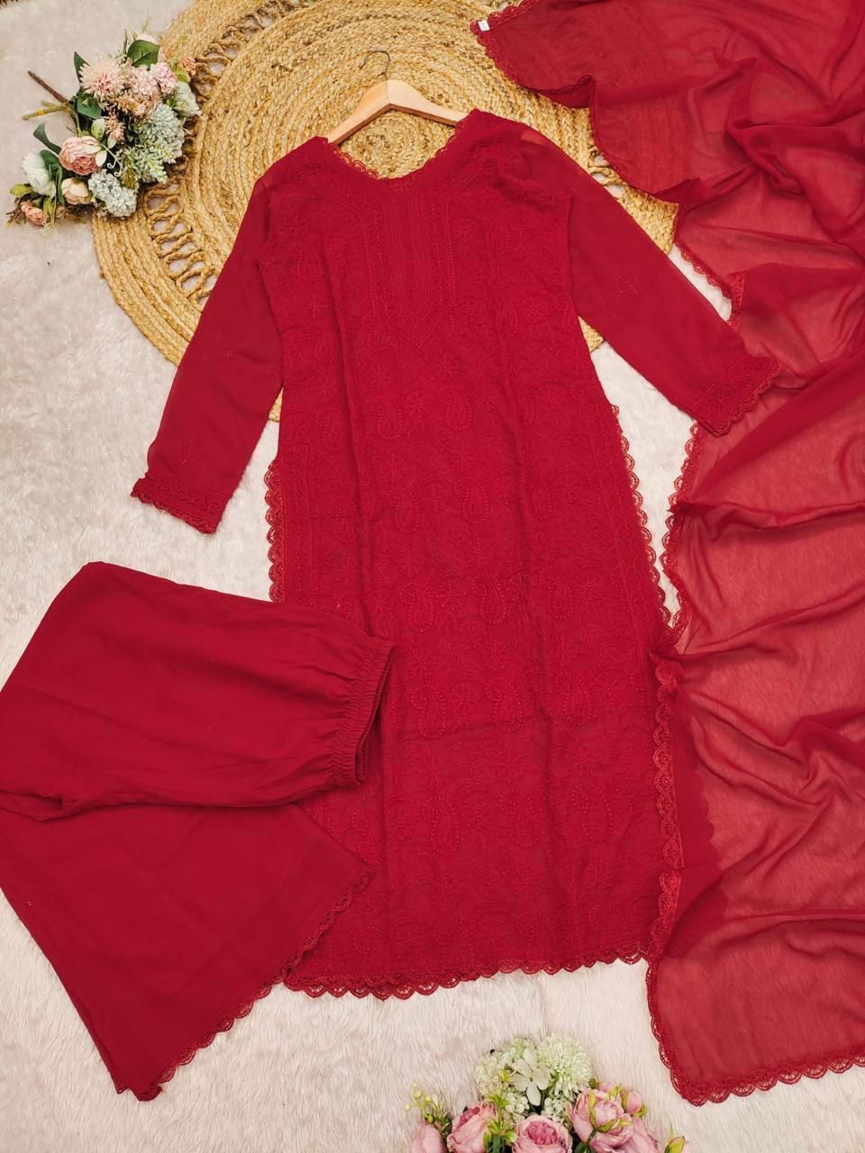 Mesmeric Red Georgette With Chikankari Embroidery work Suit Set