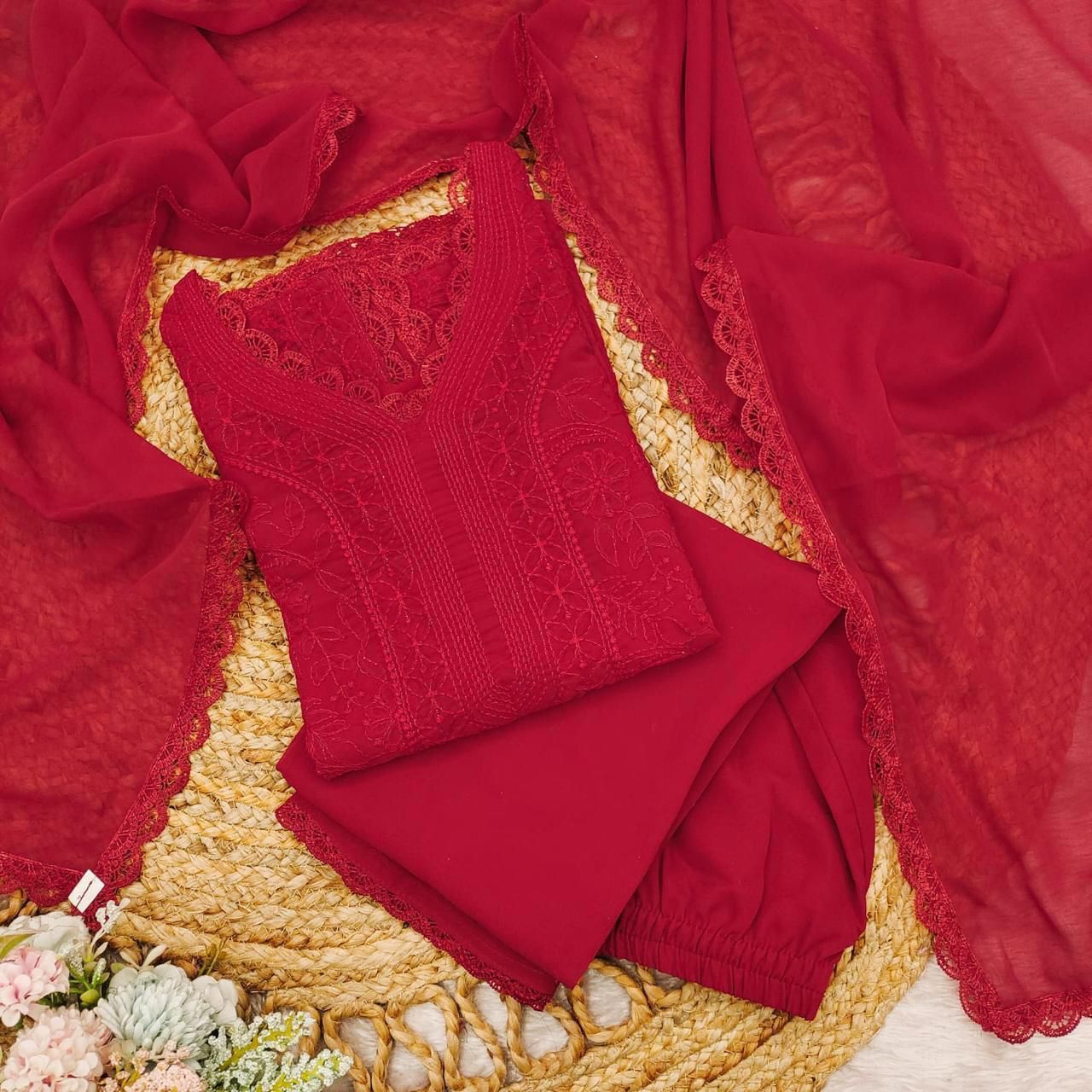 Mesmeric Red Georgette With Chikankari Embroidery work Suit Set