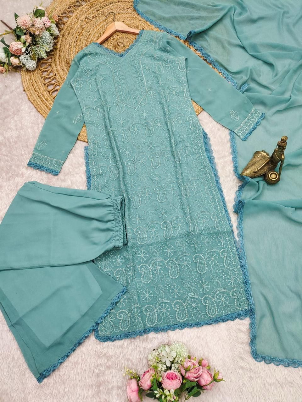 Tremendous Rama Georgette With Chikankari Embroidery work Suit Set