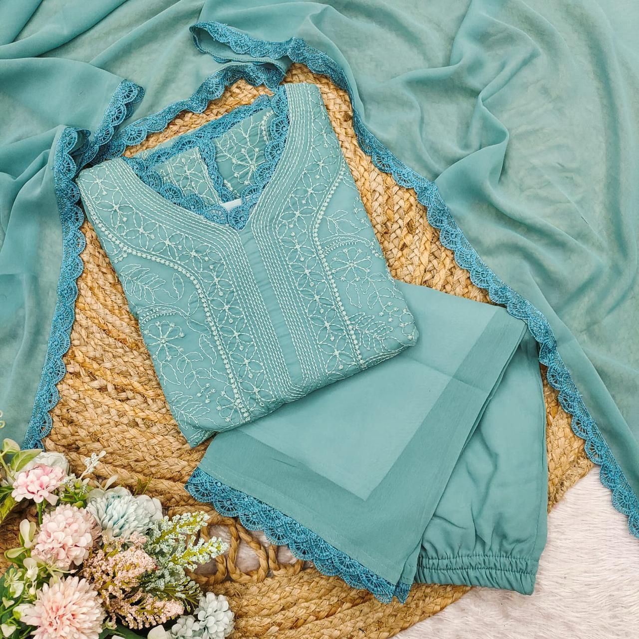 Tremendous Rama Georgette With Chikankari Embroidery work Suit Set