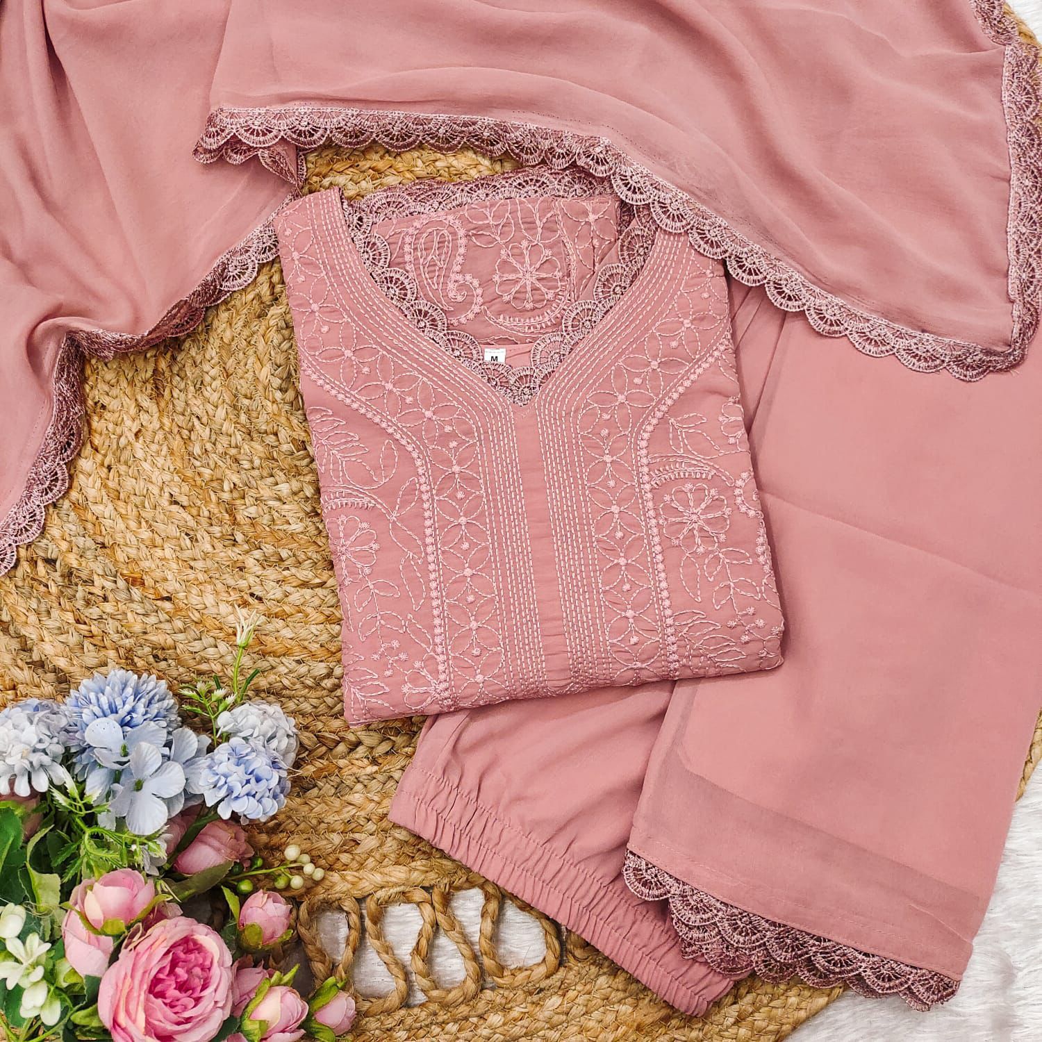 Felicitous Baby Pink Georgette With Chikankari Embroidery work Suit Set