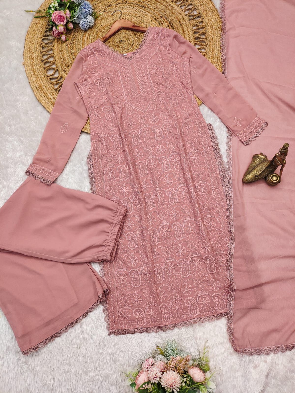Felicitous Baby Pink Georgette With Chikankari Embroidery work Suit Set