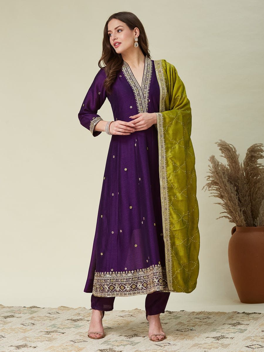 Desultory Purple Vichhitra Silk Embroidery Work Anarkali Suit Set
