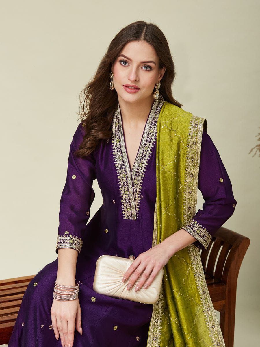 Desultory Purple Vichhitra Silk Embroidery Work Anarkali Suit Set