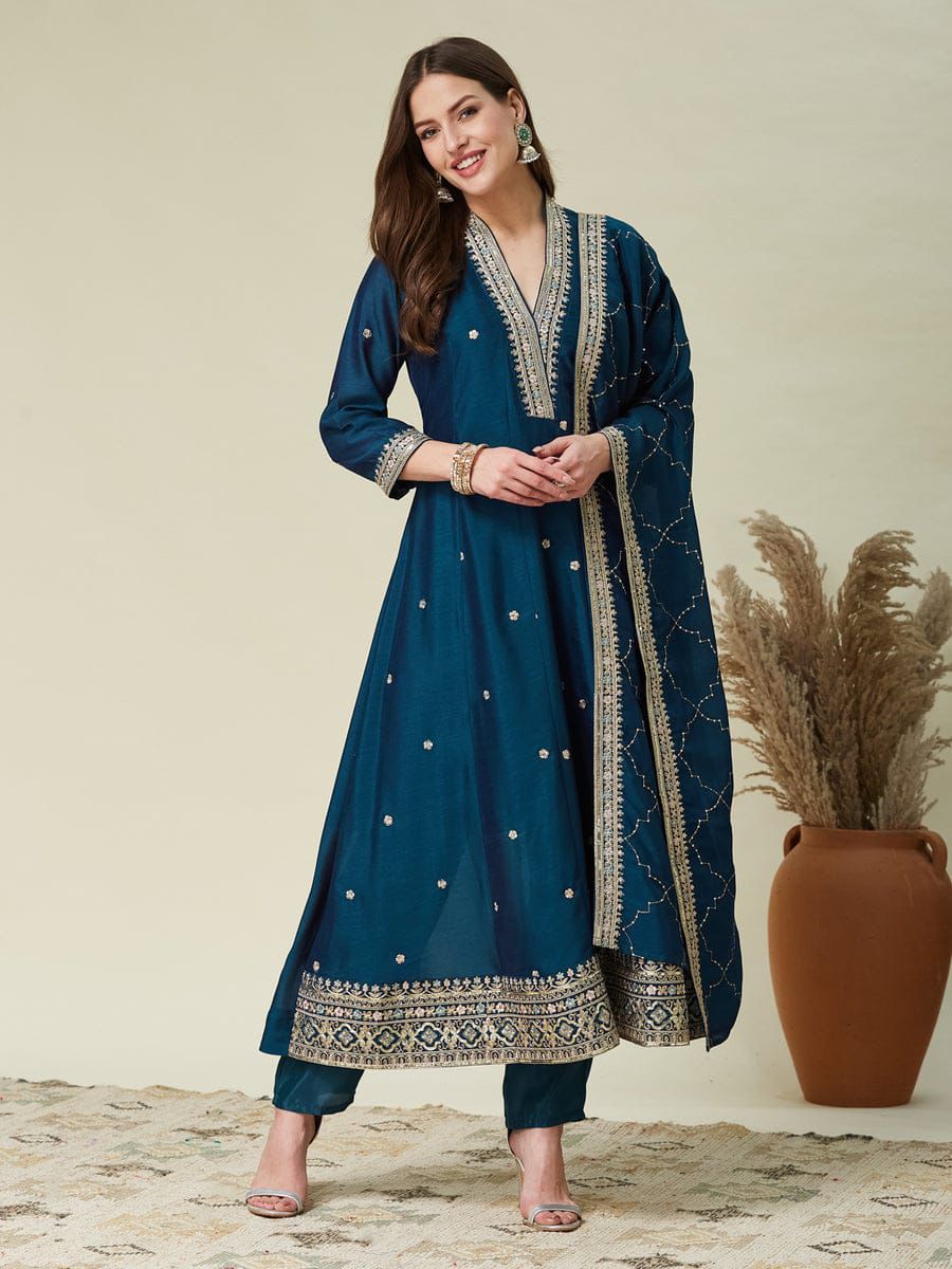 Prettiest Navy Blue Vichhitra Silk Embroidery Work Anarkali Suit Set