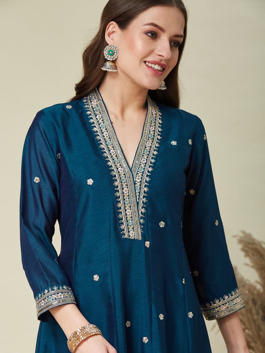 Prettiest Navy Blue Vichhitra Silk Embroidery Work Anarkali Suit Set
