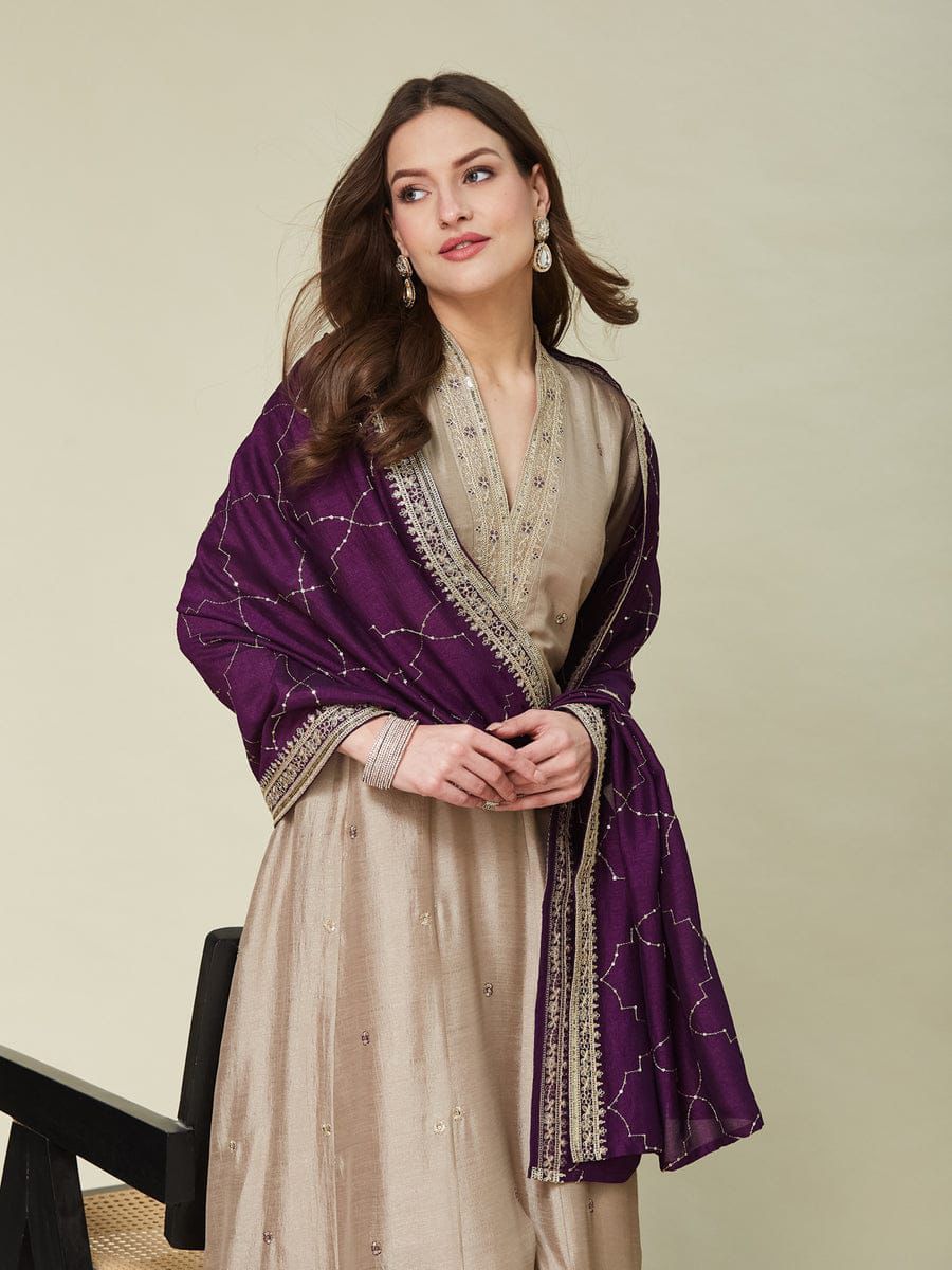 Splendorous Pale Brown Vichhitra Silk Embroidery Work Anarkali Suit Set