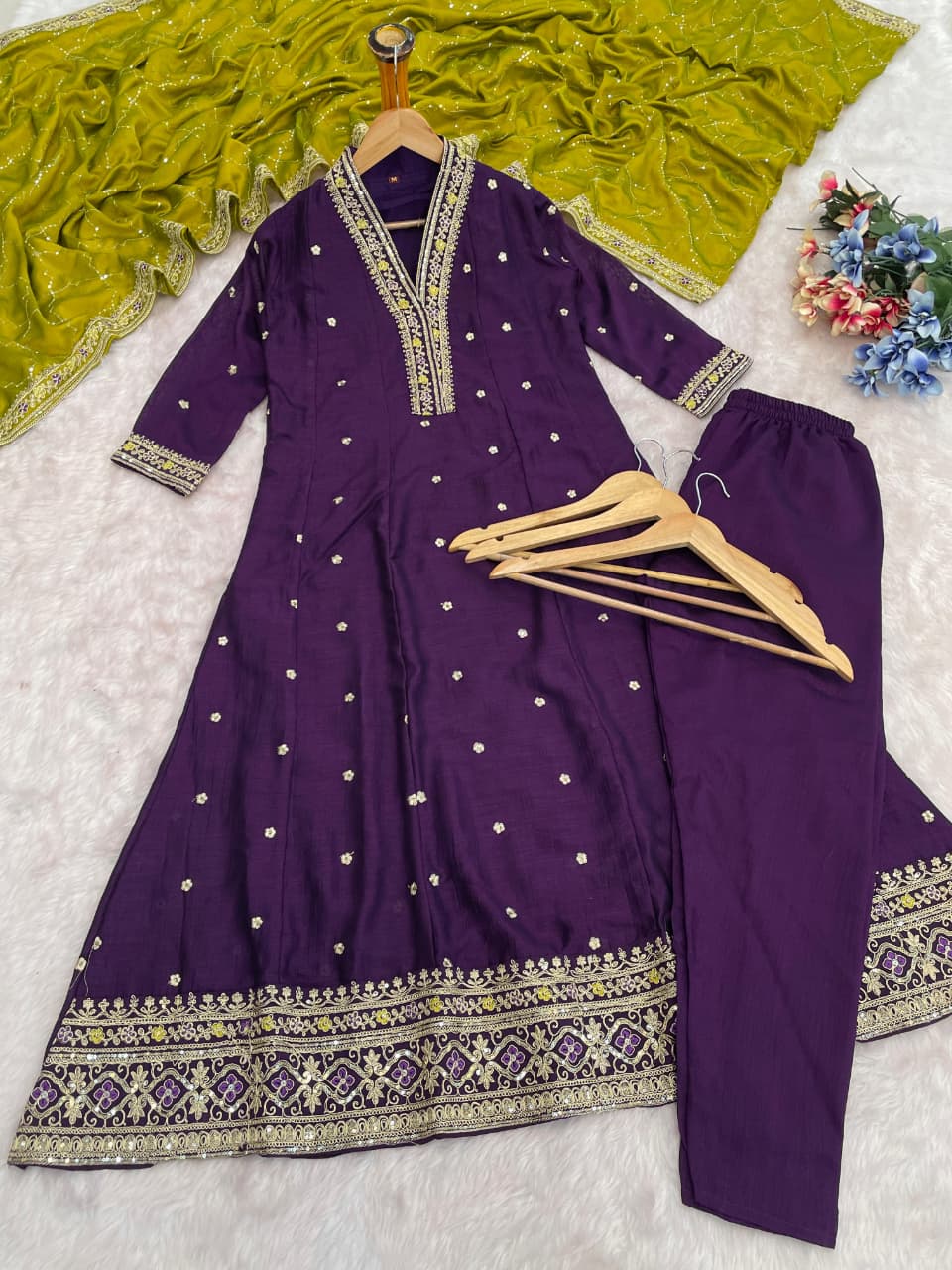 Desultory Purple Vichhitra Silk Embroidery Work Anarkali Suit Set