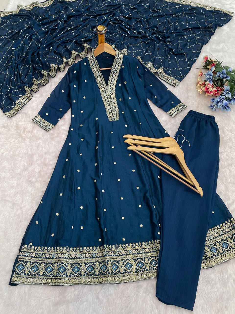 Prettiest Navy Blue Vichhitra Silk Embroidery Work Anarkali Suit Set