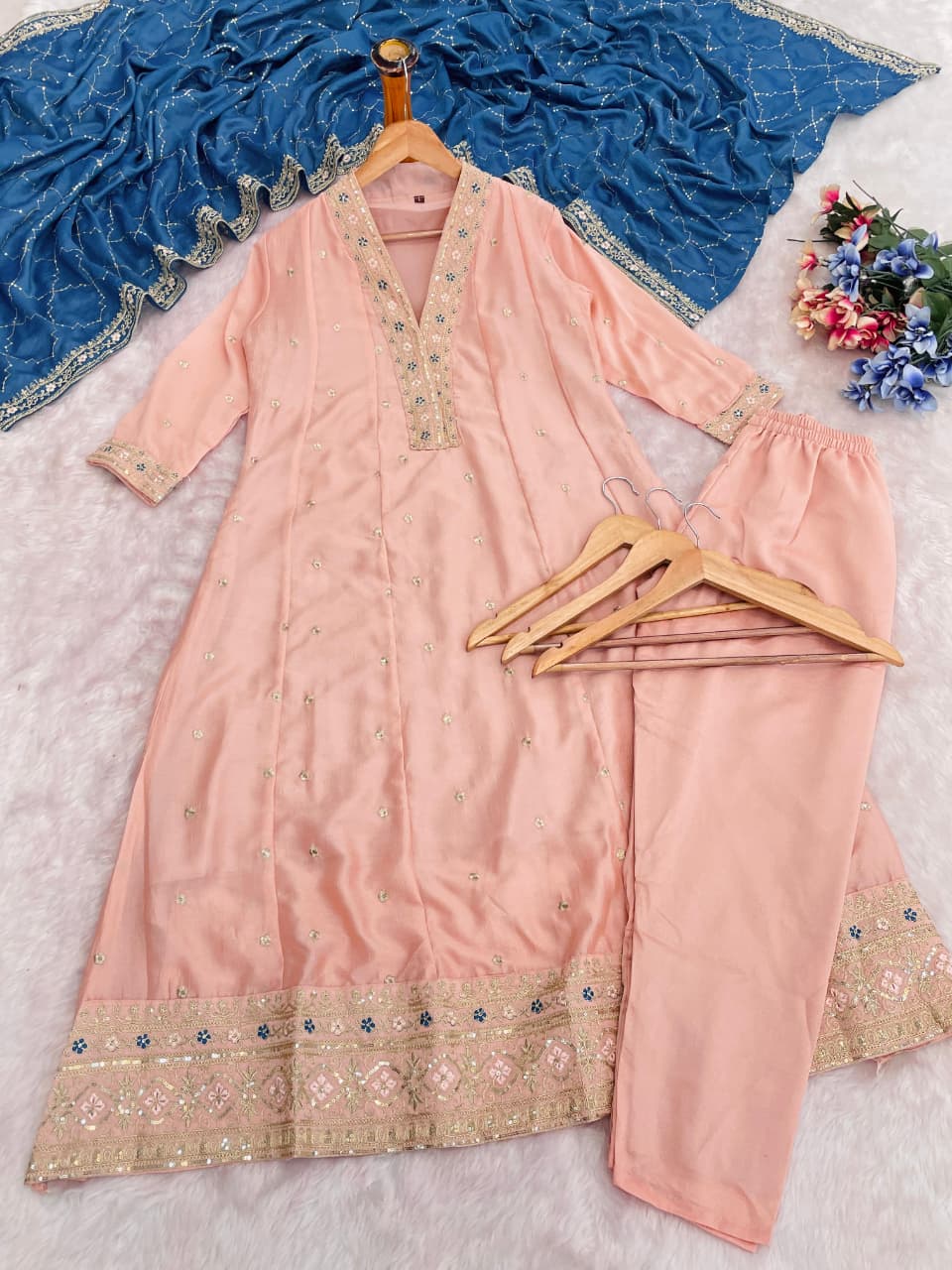 Desirable Baby Pink Vichhitra Silk Embroidery Work Anarkali Suit Set