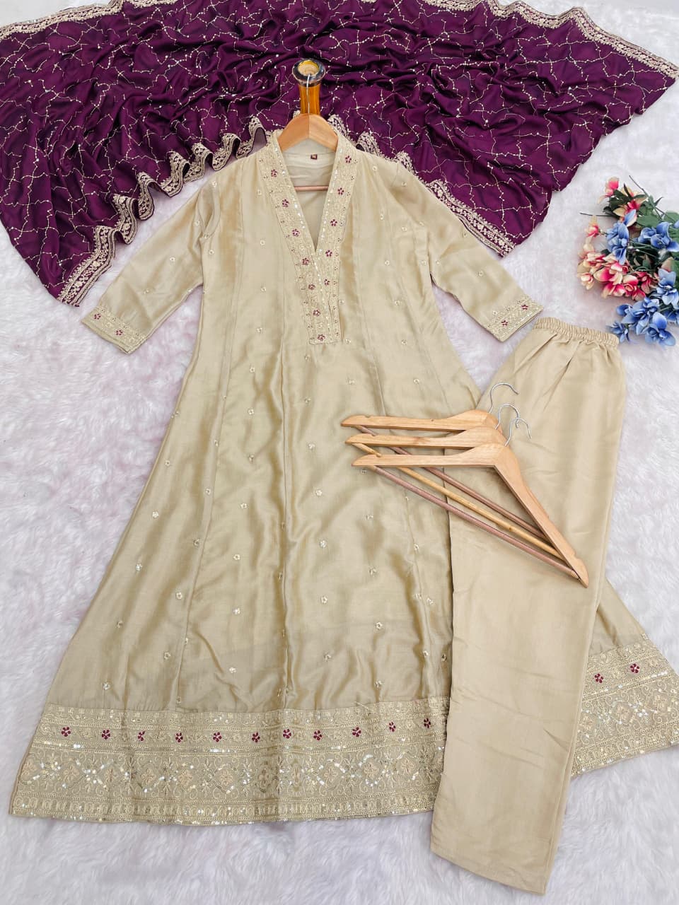 Splendorous Pale Brown Vichhitra Silk Embroidery Work Anarkali Suit Set