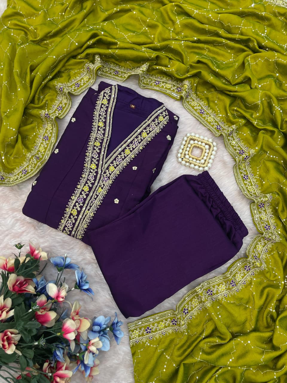 Desultory Purple Vichhitra Silk Embroidery Work Anarkali Suit Set