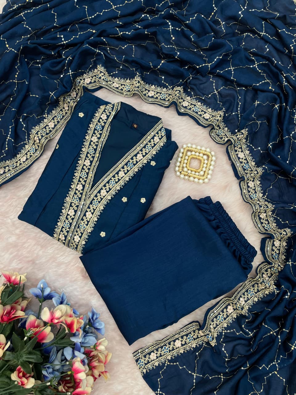 Prettiest Navy Blue Vichhitra Silk Embroidery Work Anarkali Suit Set