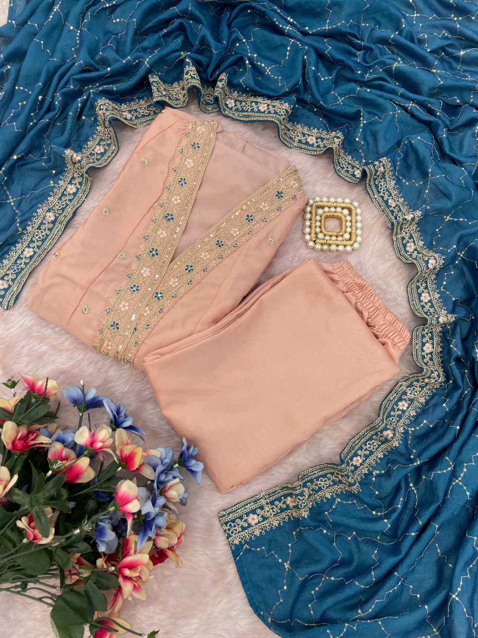 Desirable Baby Pink Vichhitra Silk Embroidery Work Anarkali Suit Set