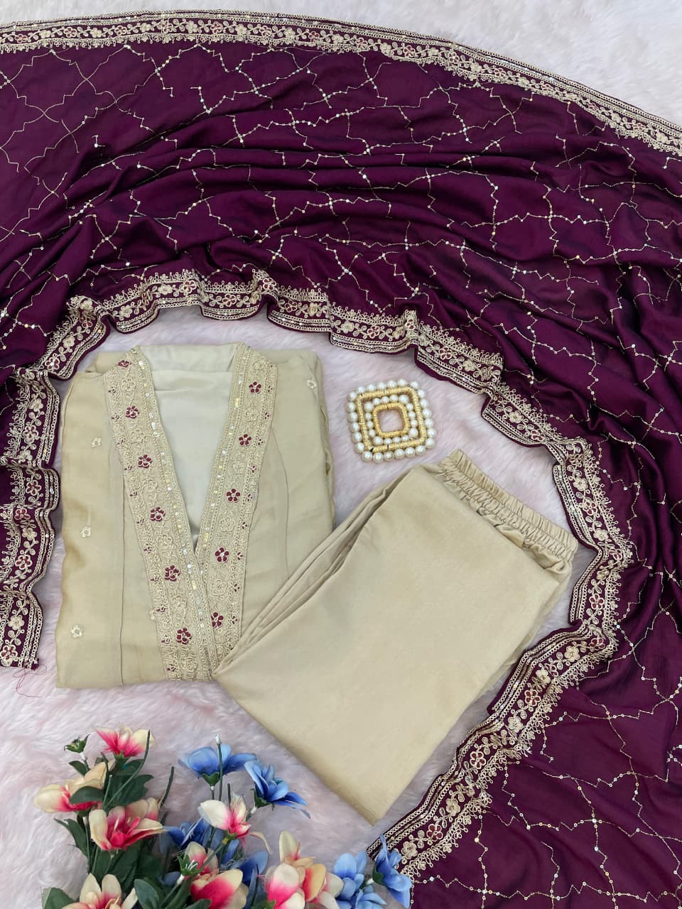 Splendorous Pale Brown Vichhitra Silk Embroidery Work Anarkali Suit Set