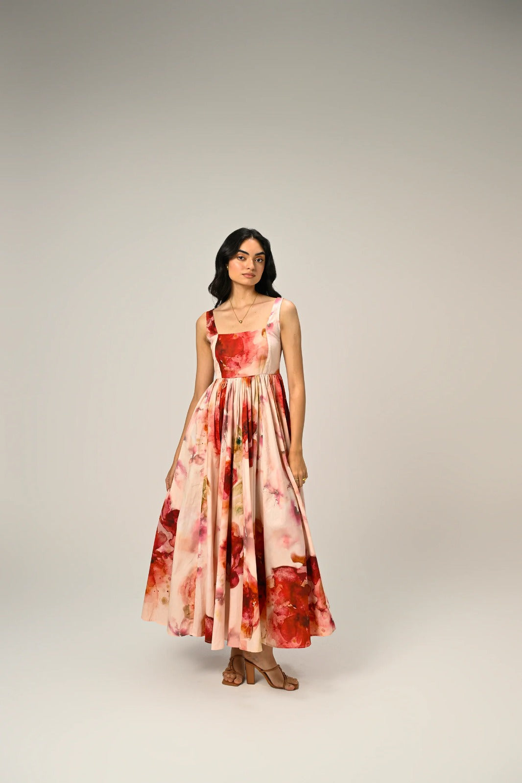 Luxuriant Peachy Rose Organza floral print Maxi Gown