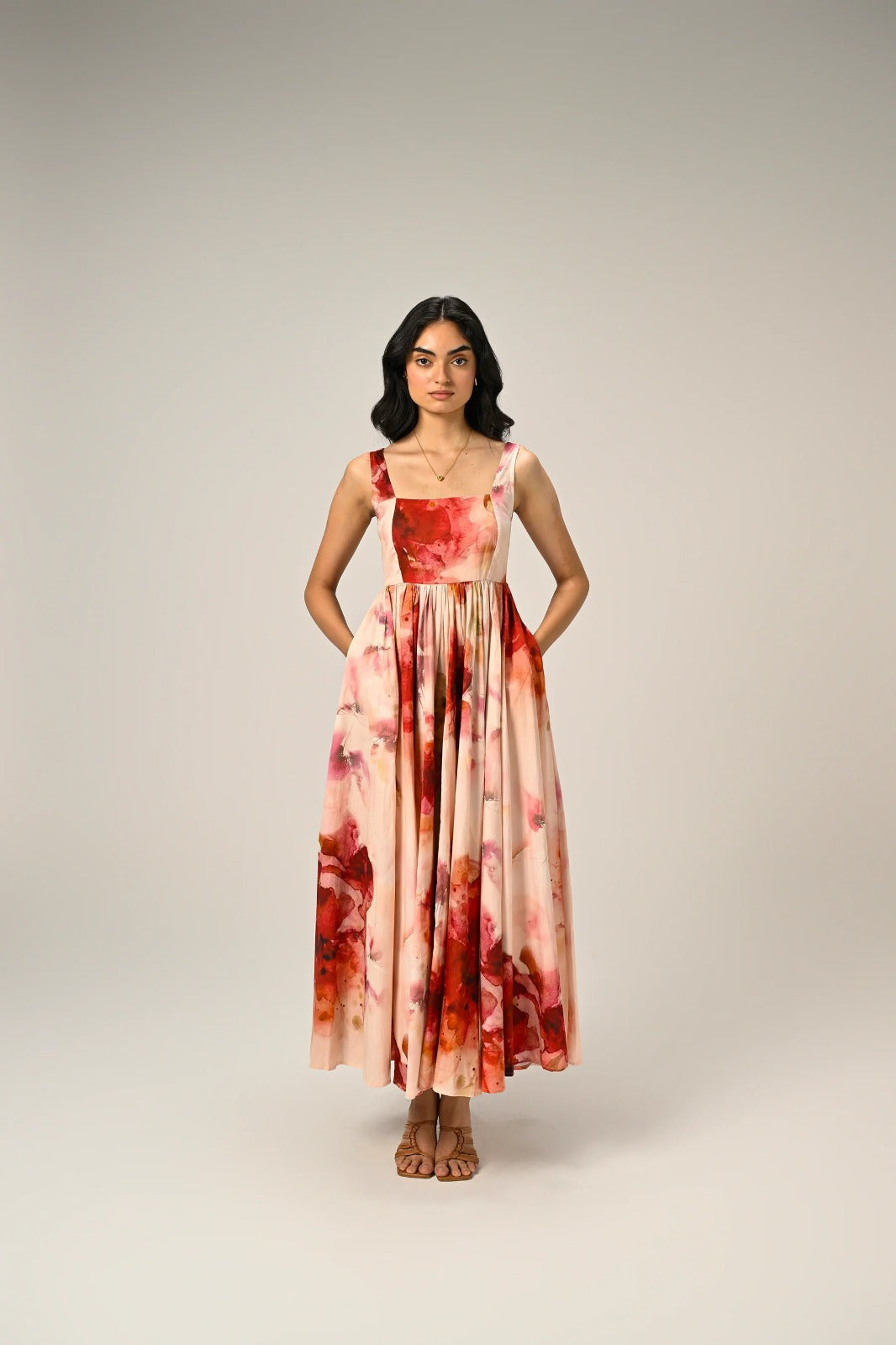 Luxuriant Peachy Rose Organza floral print Maxi Gown