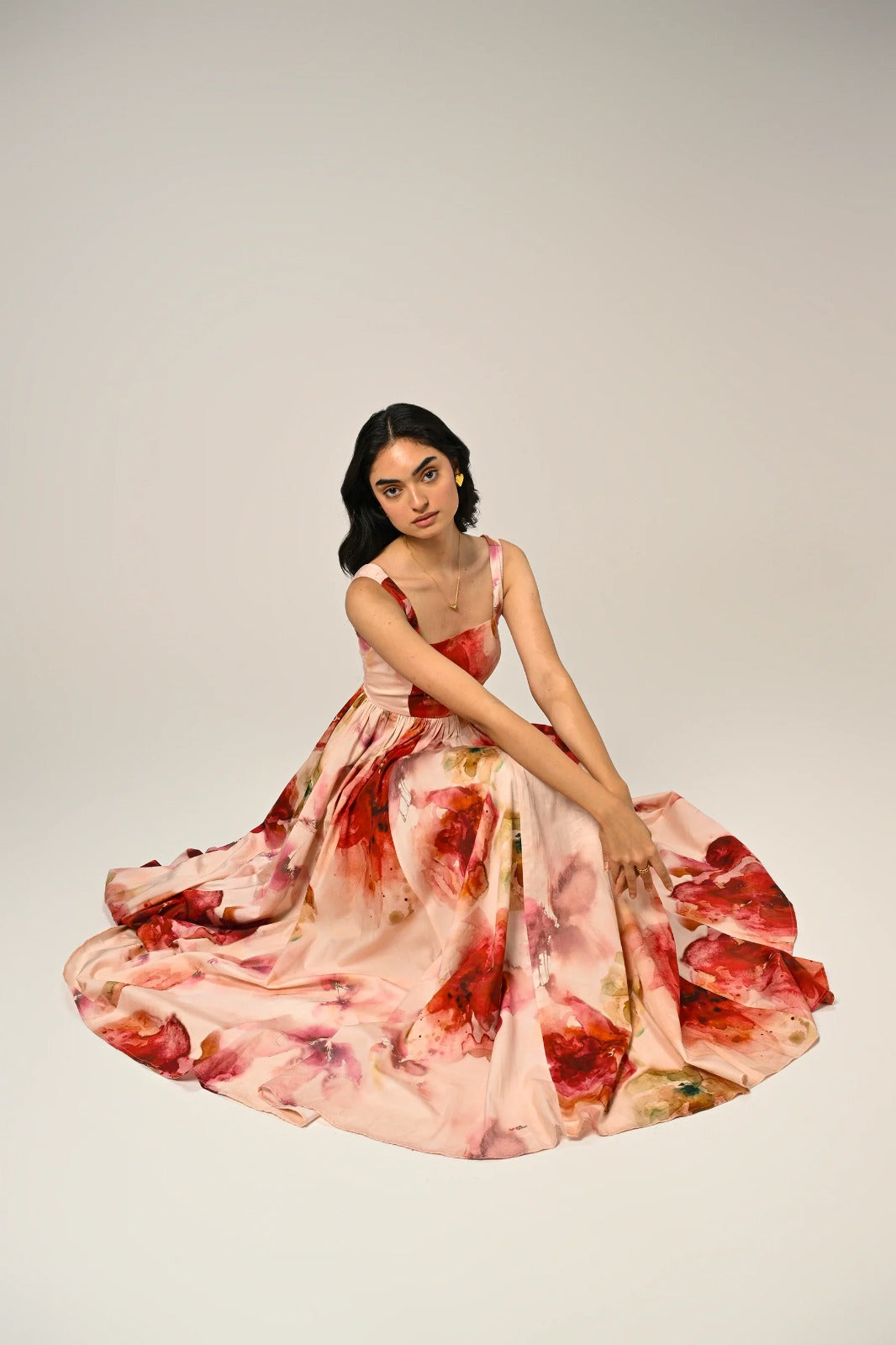 Luxuriant Peachy Rose Organza floral print Maxi Gown