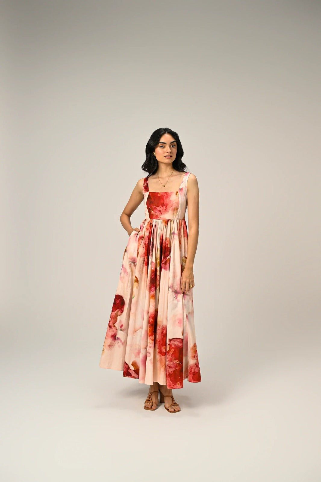 Luxuriant Peachy Rose Organza floral print Maxi Gown
