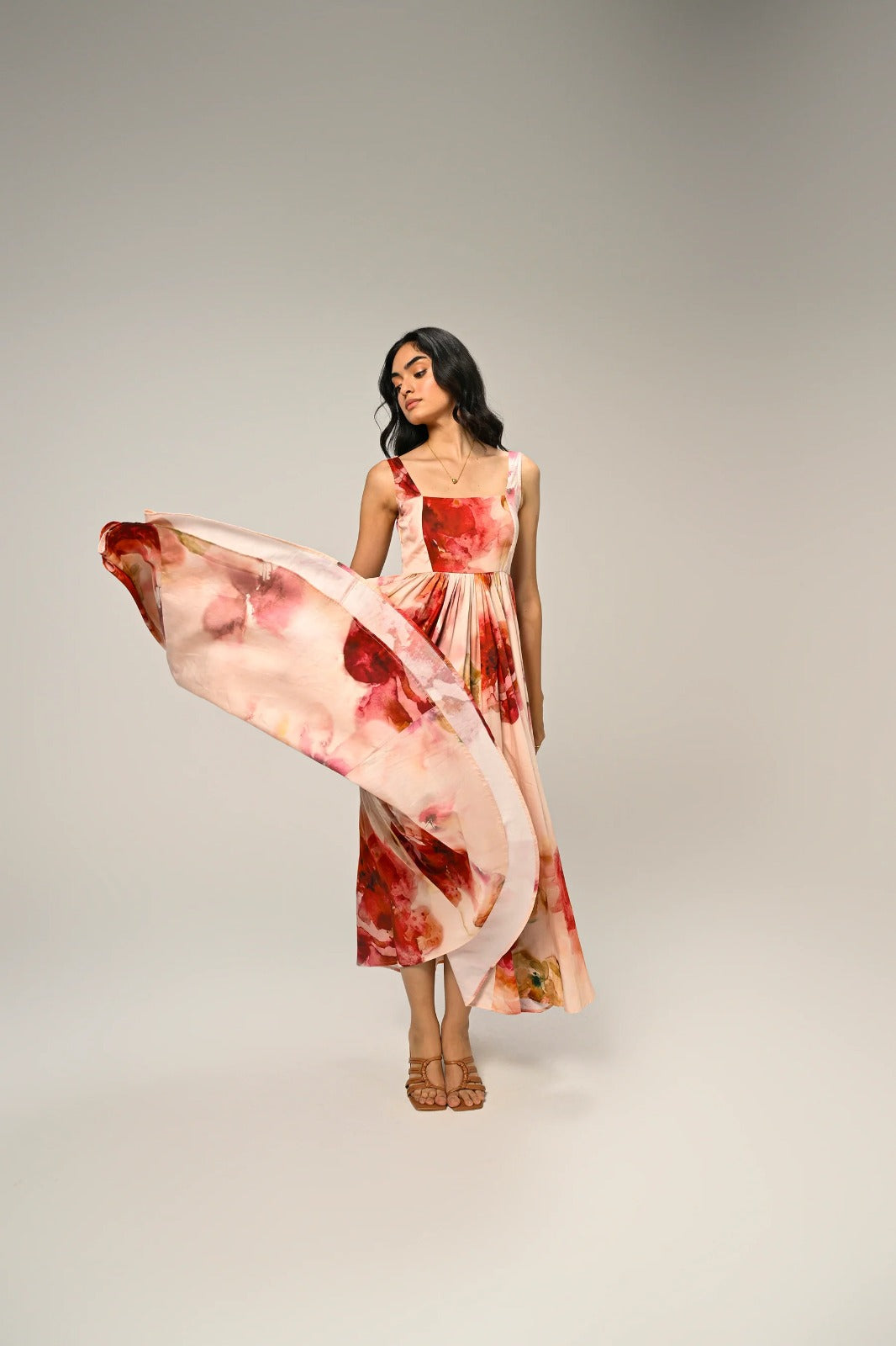 Luxuriant Peachy Rose Organza floral print Maxi Gown