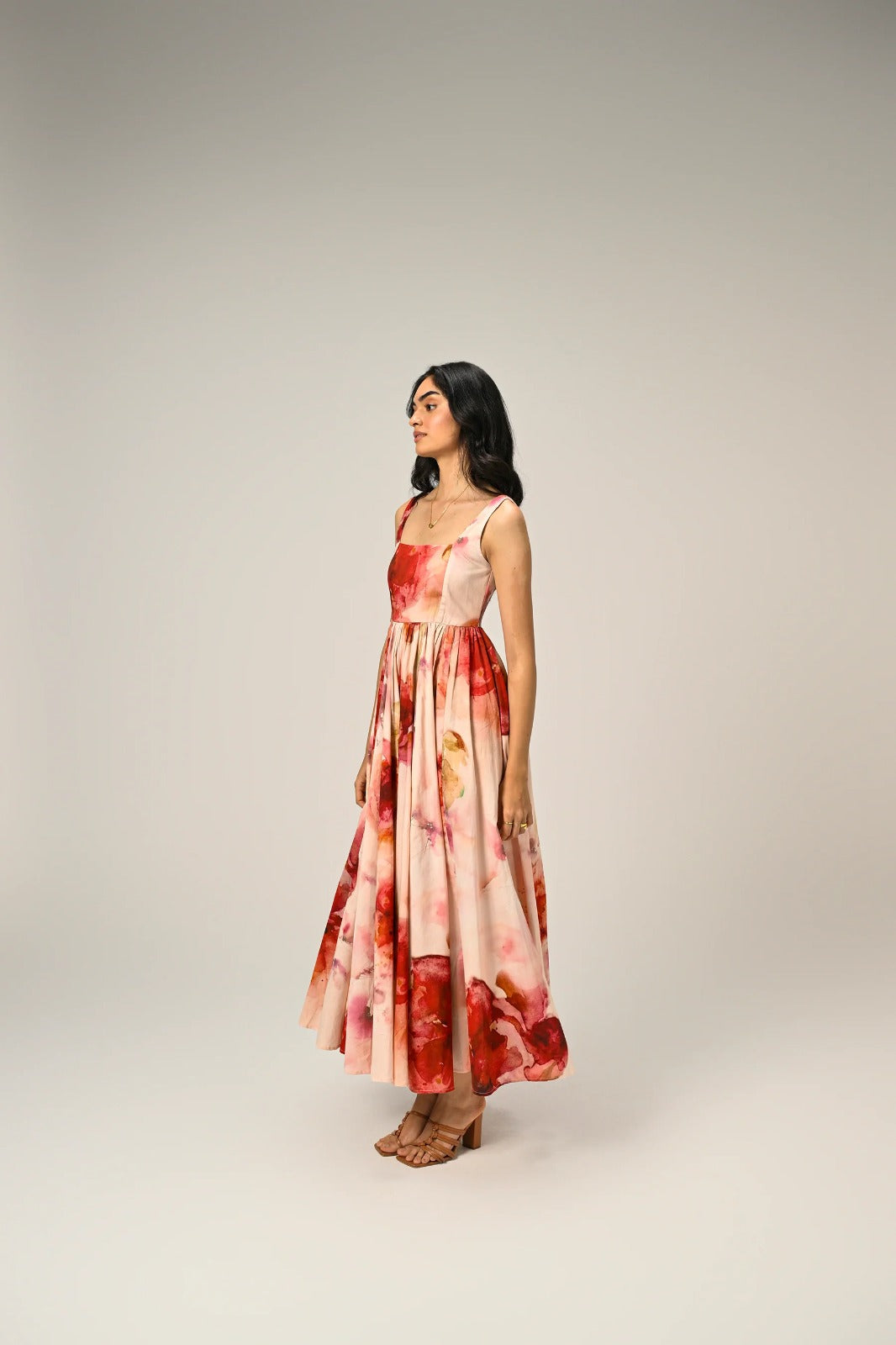Luxuriant Peachy Rose Organza floral print Maxi Gown