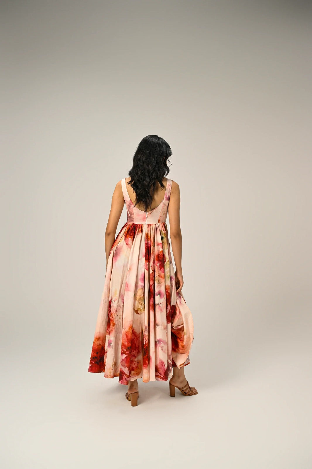 Luxuriant Peachy Rose Organza floral print Maxi Gown