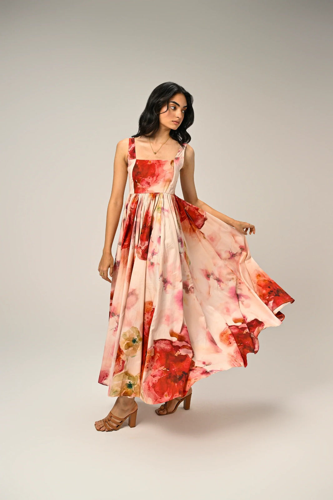 Luxuriant Peachy Rose Organza floral print Maxi Gown