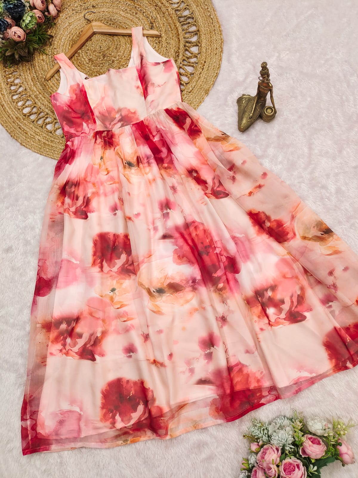 Luxuriant Peachy Rose Organza floral print Maxi Gown