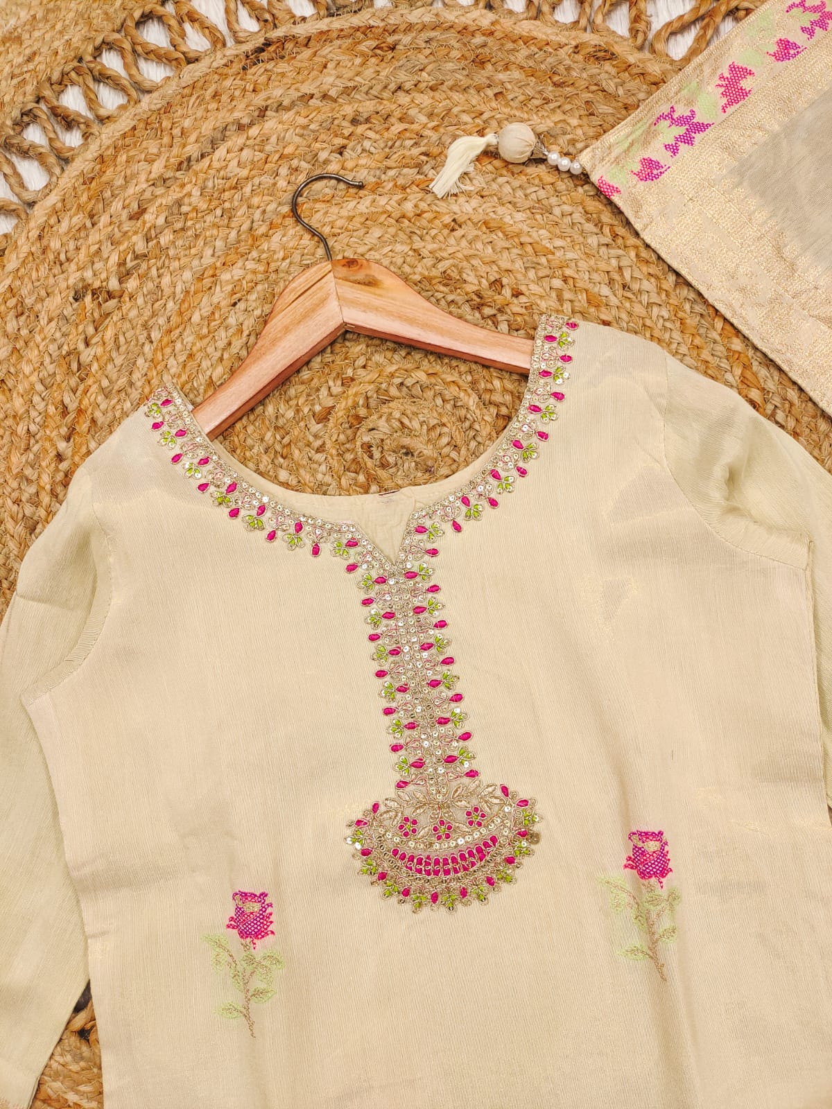 Blooming Pestal Grey Roman Silk Floral Embroidery Work Suit Set