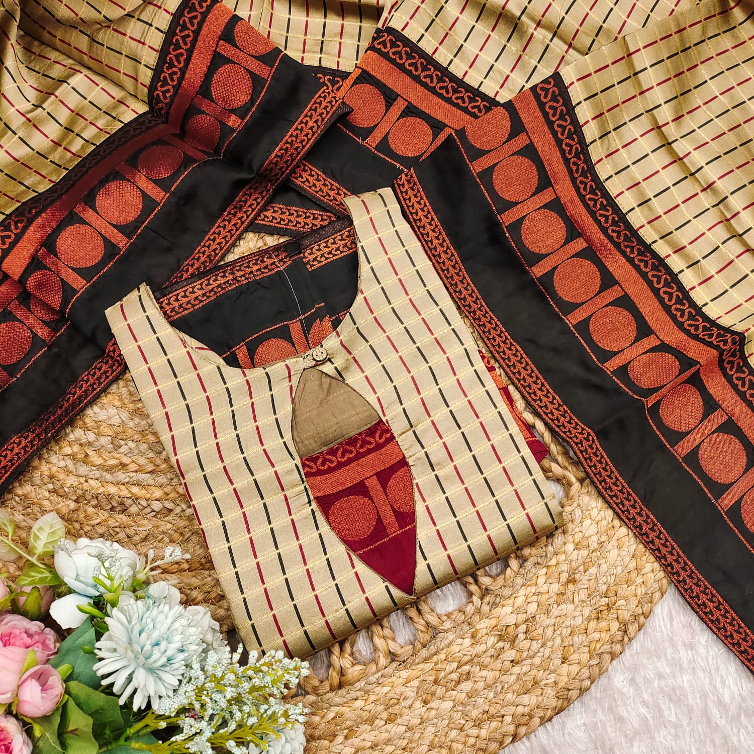 Sophisticated Cream Pure Kanchi Cotton Weaving Suit Set