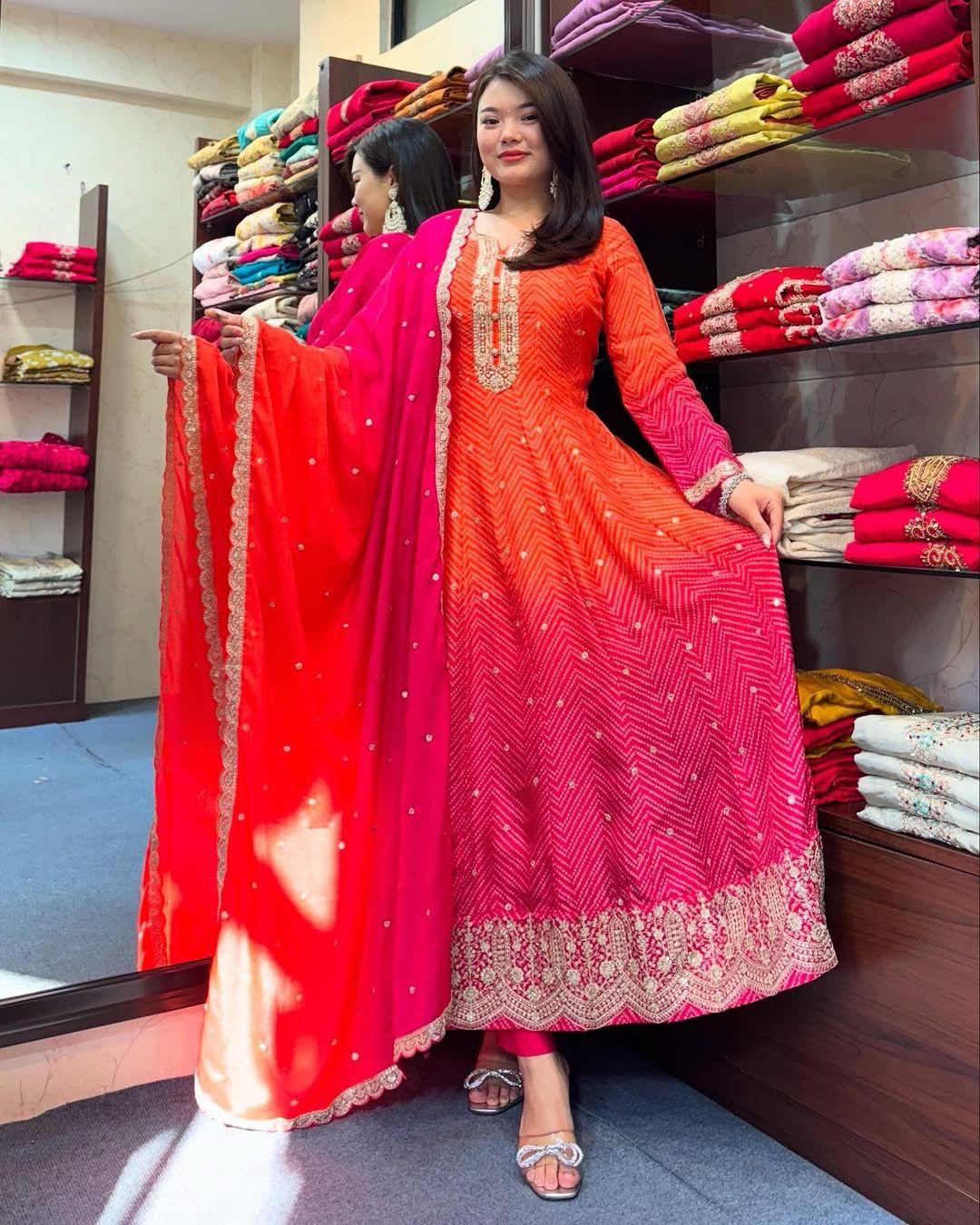 Fancifull Warm Pink Chinon Embroidery With Printed Suit Set