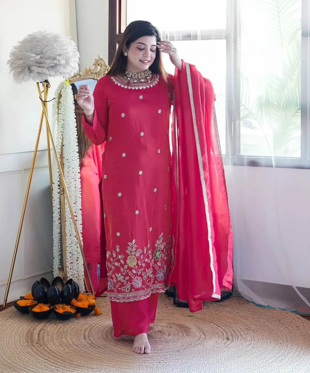 Redolent Berry Pure Tesla Silk Embroidered Suit Set
