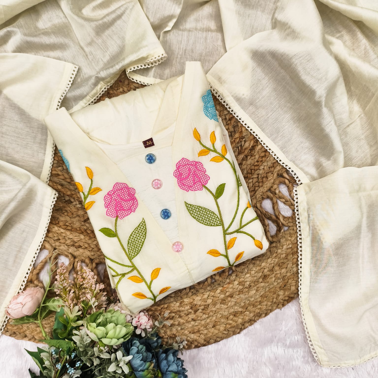 Off White Chanderi Embroidered Threadwork Suit Set