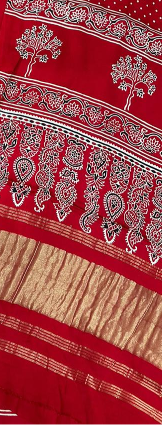 Soothing Red Original Natural Ajrakh Print 3 pc Pure Modal Silk Unstitched Suit Set