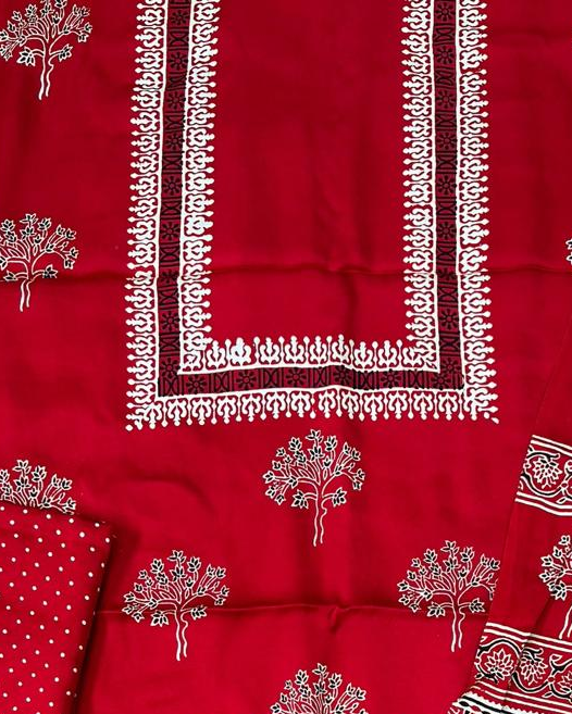 Soothing Red Original Natural Ajrakh Print 3 pc Pure Modal Silk Unstitched Suit Set