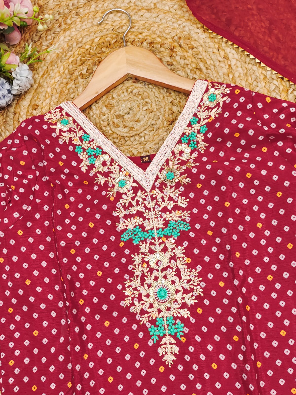 Ethnic Canberry Chinon Embroidery With Bandhani Printed Suit Set