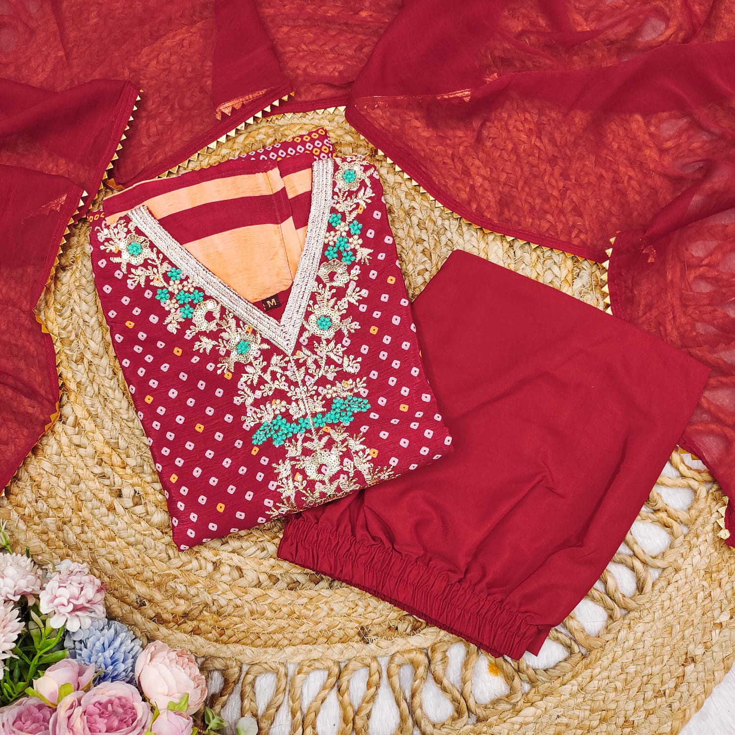 Ethnic Canberry Chinon Embroidery With Bandhani Printed Suit Set
