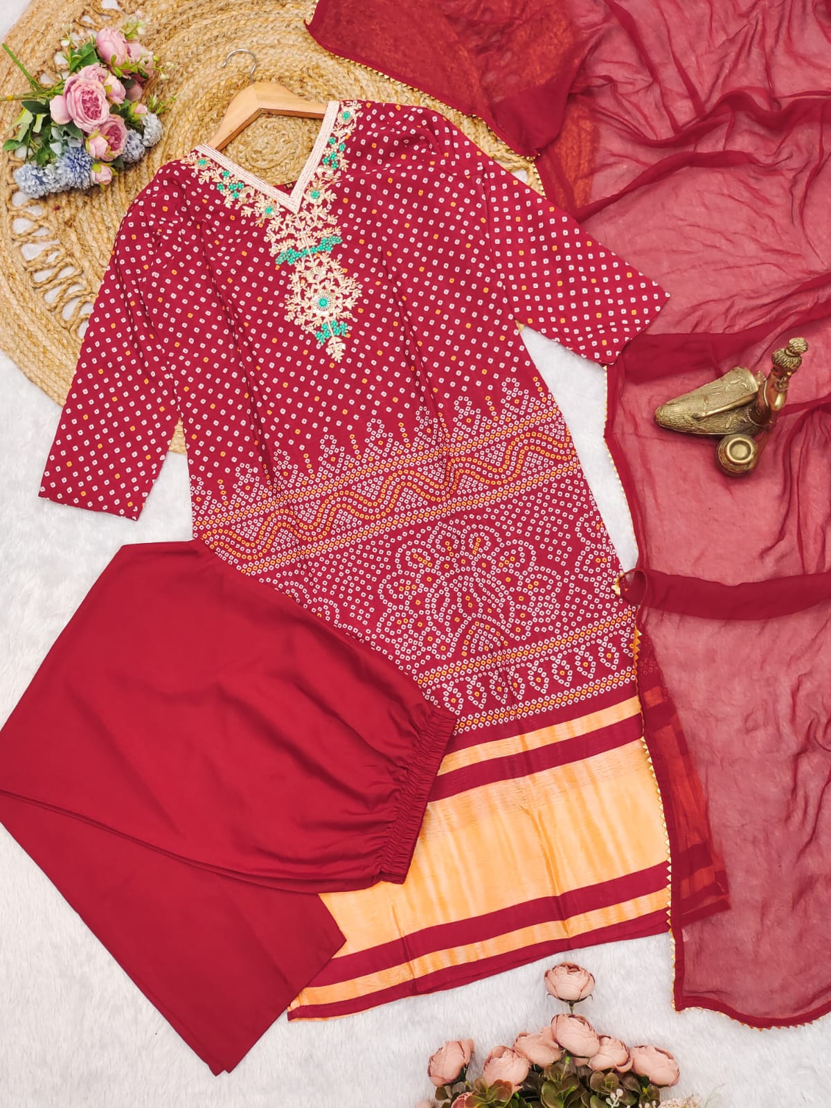 Ethnic Canberry Chinon Embroidery With Bandhani Printed Suit Set