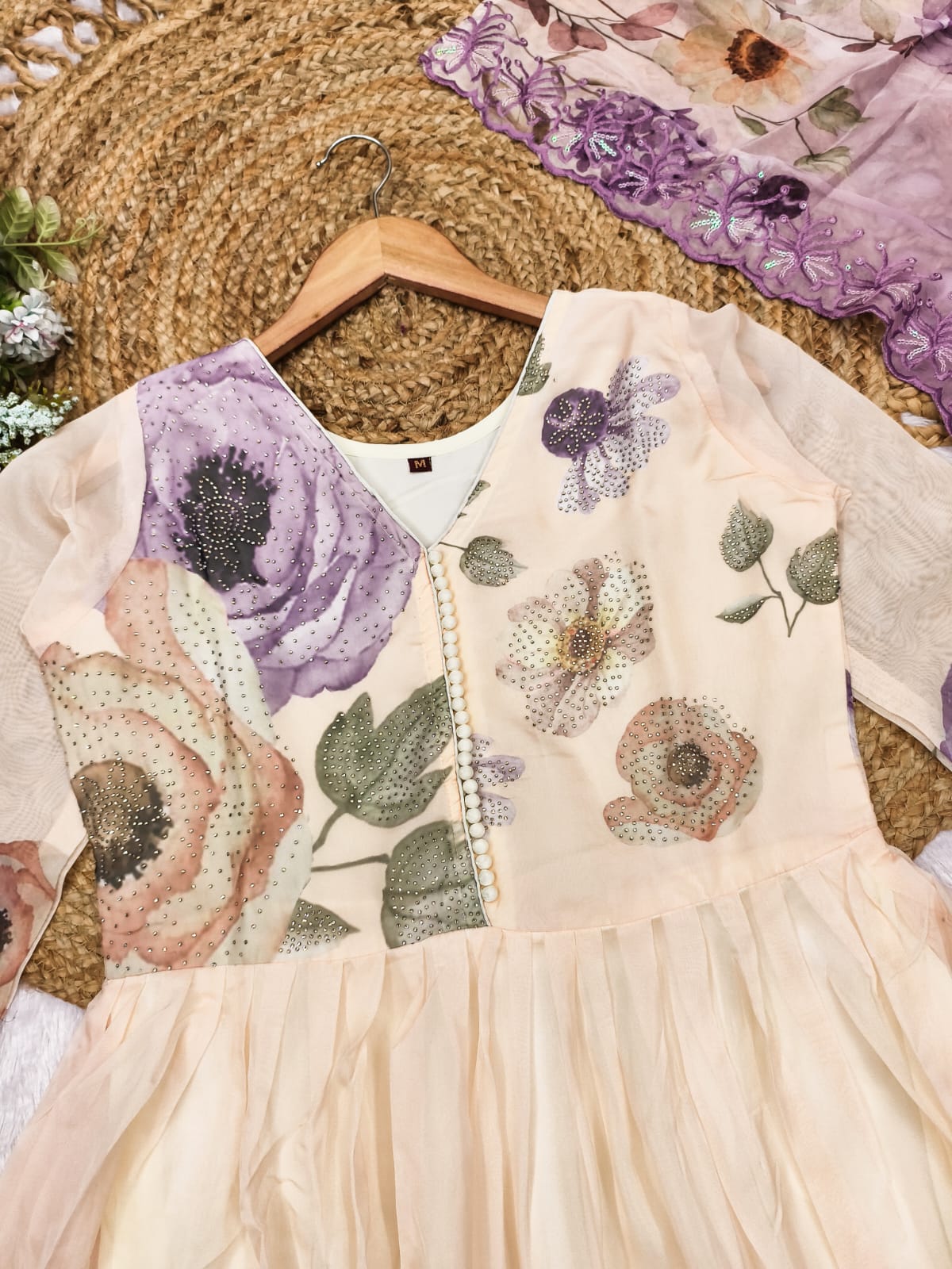 Surreptitious Almond Organza Digital Printed Suit Set