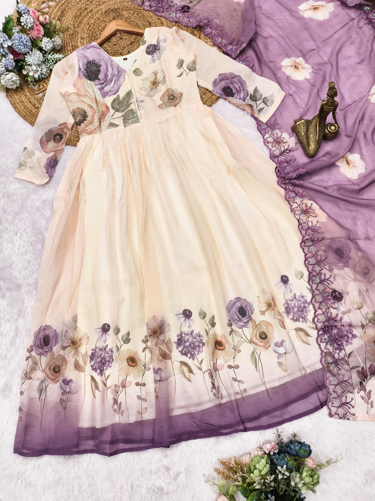 Surreptitious Almond Organza Digital Printed Suit Set