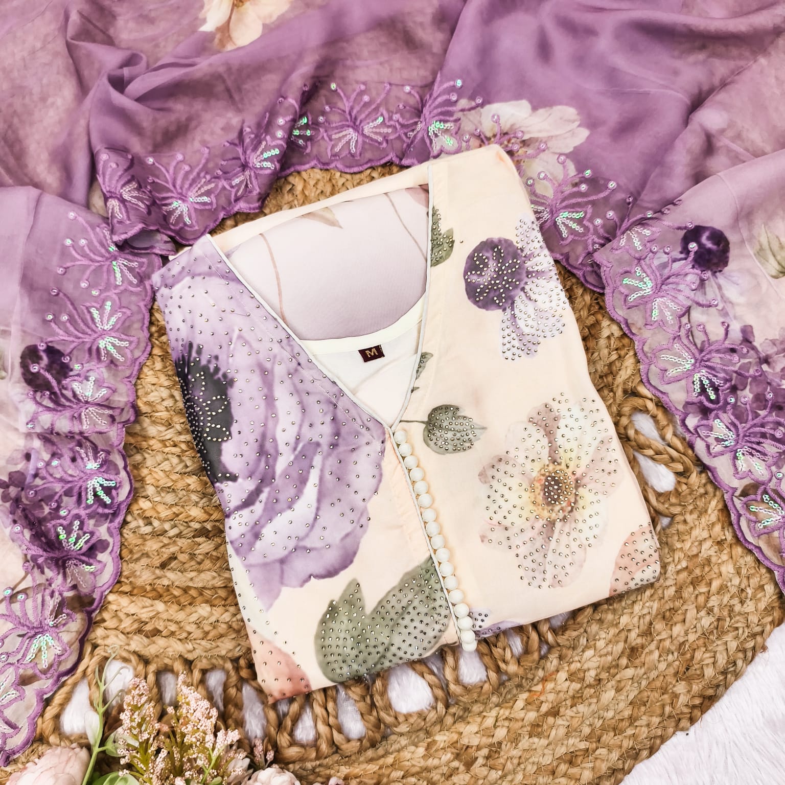 Surreptitious Almond Organza Digital Printed Suit Set