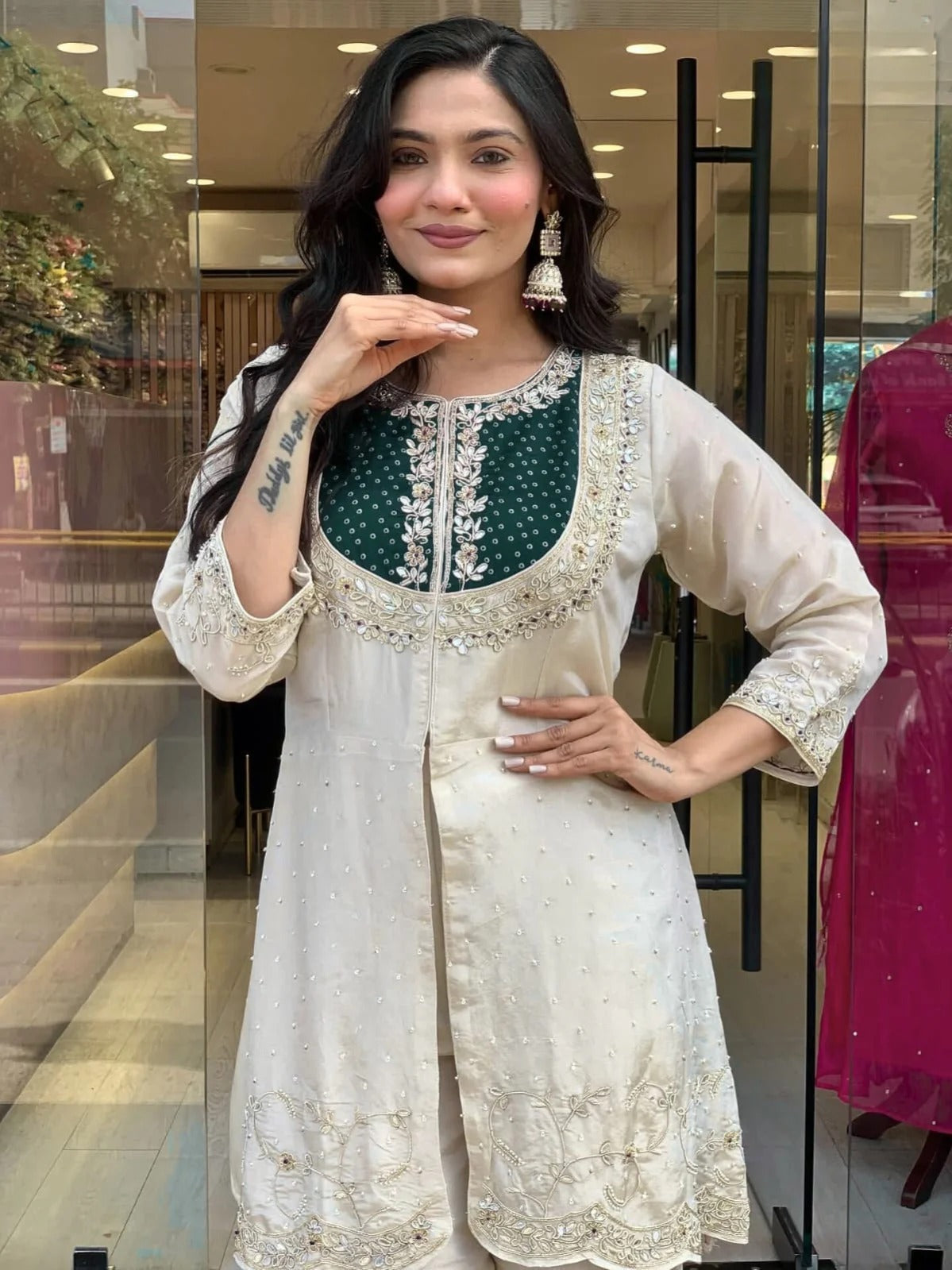 Elegant Green Gold Crush Embroidery Coding Sequence Work Salwar Suit