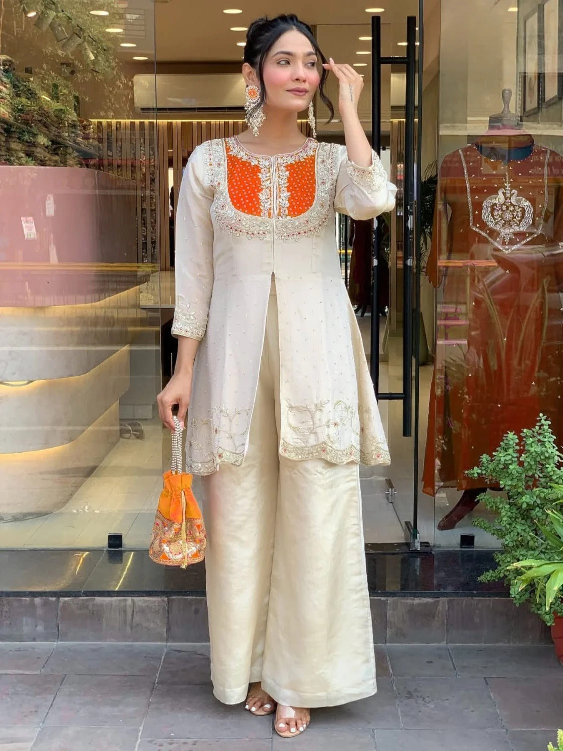 Precious Orange Gold Crush Embroidery Coding Sequence Work Salwar Suit