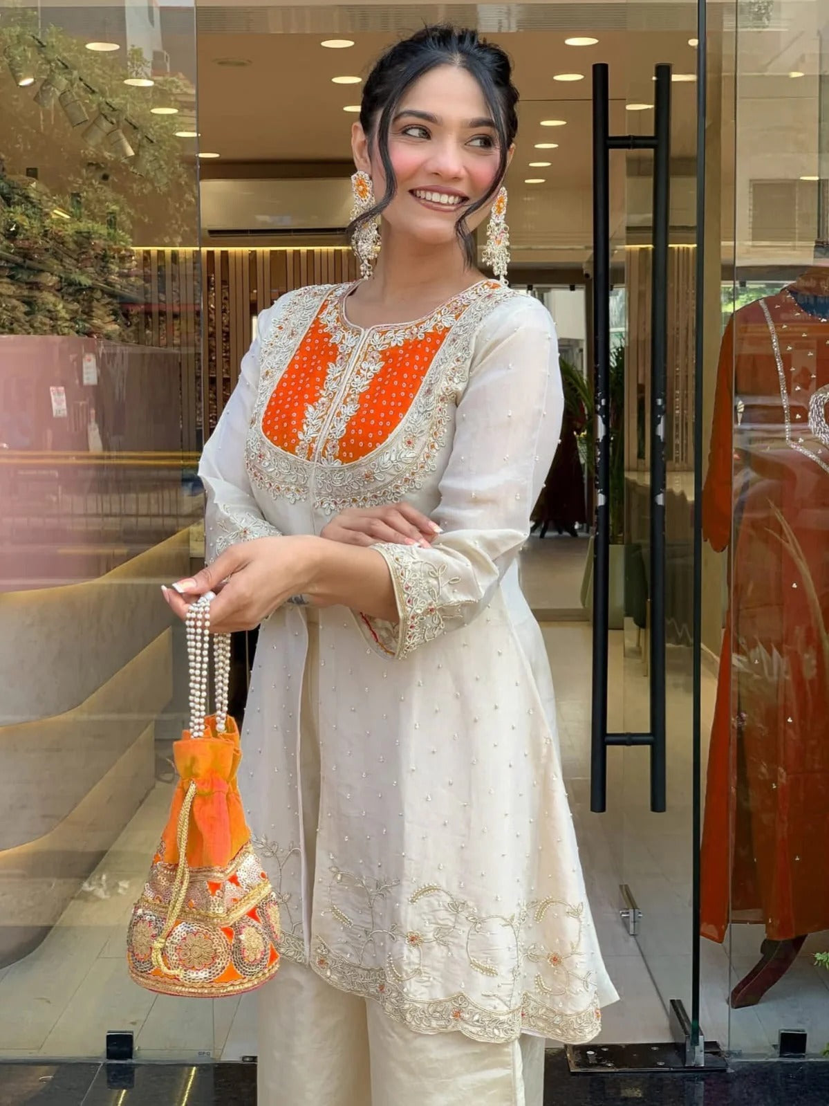 Precious Orange Gold Crush Embroidery Coding Sequence Work Salwar Suit