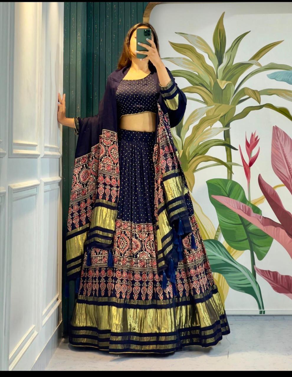 Lassitude Blue Ajrakh Hand Block Pure Modal Silk Lehenga Choli With Lagdi Patta