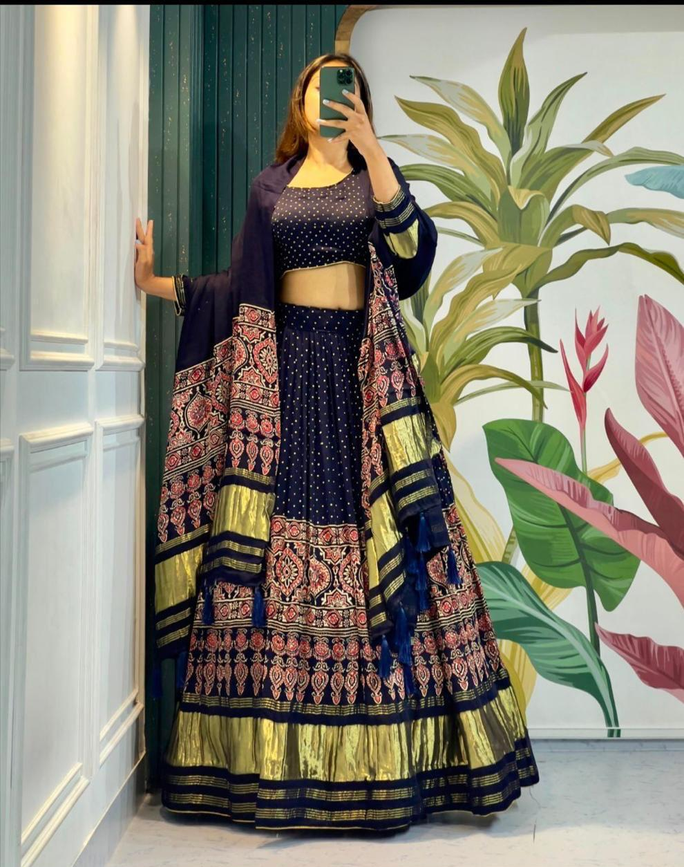 Lassitude Blue Ajrakh Hand Block Pure Modal Silk Lehenga Choli With Lagdi Patta
