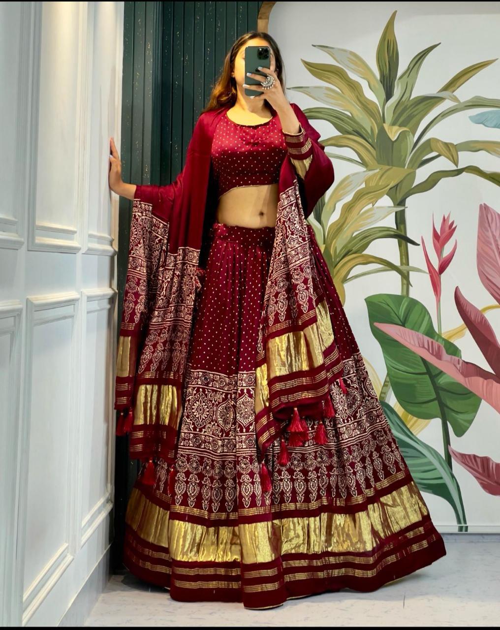 Charming Maroon Ajrakh Hand Block Pure Modal Silk Lehenga Choli With Lagdi Patta