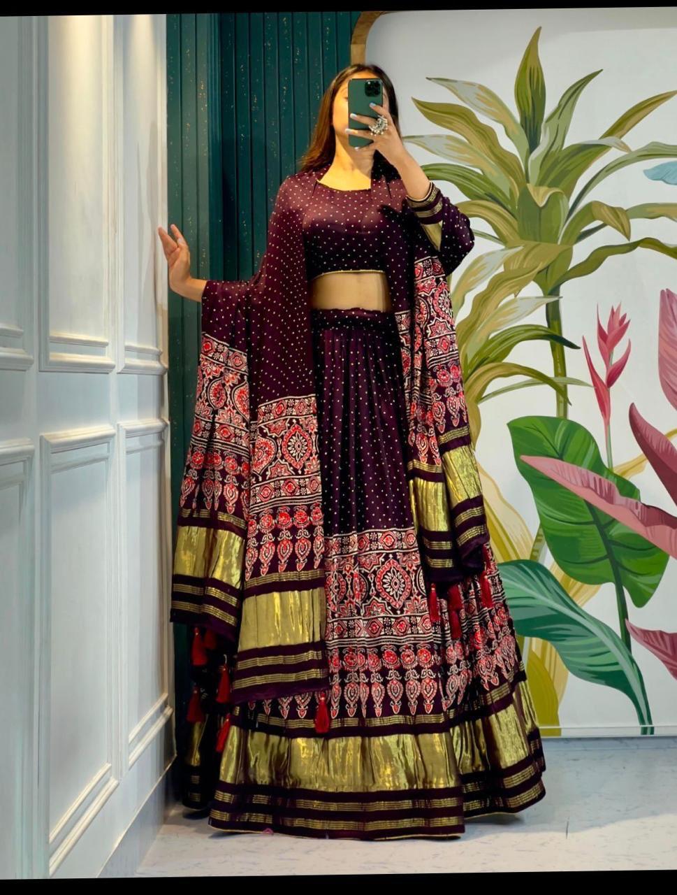 Mesmeric Wine Ajrakh Hand Block Pure Modal Silk Lehenga Choli With Lagdi Patta