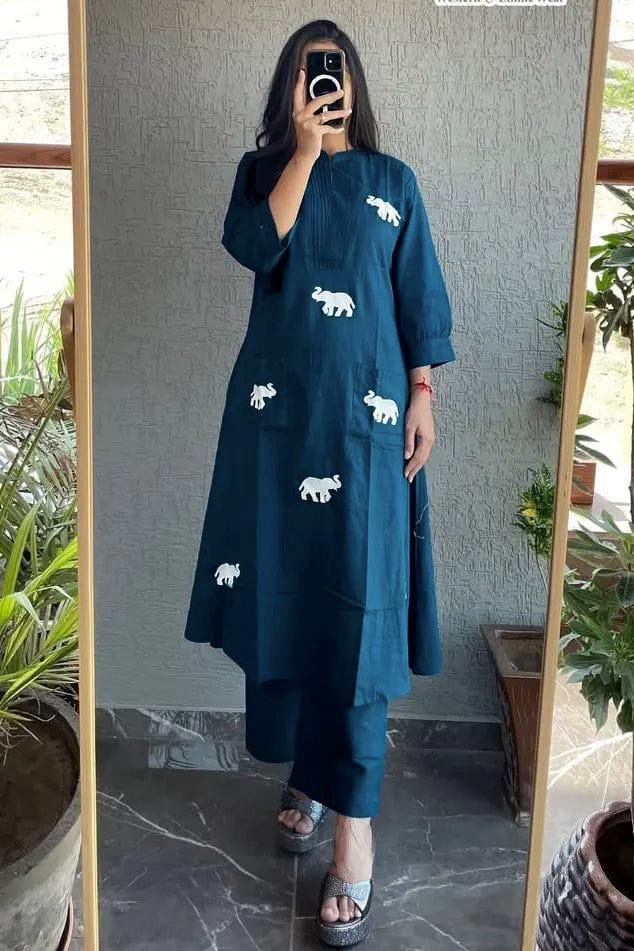 Effulgent Navy Blue Rayon Elephant Embroidered Kurta Set With Plazzo